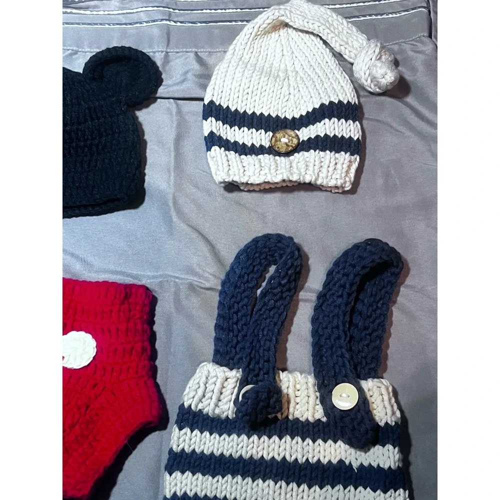 2 Knit Outfit Newborn Crochet Pants Hat Photo‎ Props Shoot Baby Boy Mickey Lot